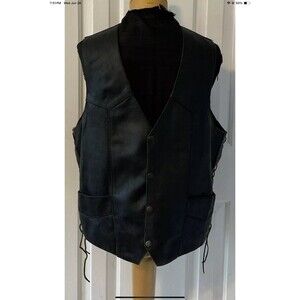 Highway Hawks Men's Large Black Pebbled Leather Motorcycle Biker Vest
